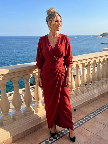 Women's Wrap Midi Dress with Draped Waist and Overlap Detailing