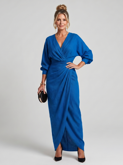 Women's Wrap Midi Dress with Draped Waist and Overlap Detailing