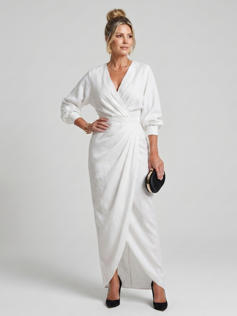 Women's Wrap Midi Dress with Draped Waist and Overlap Detailing