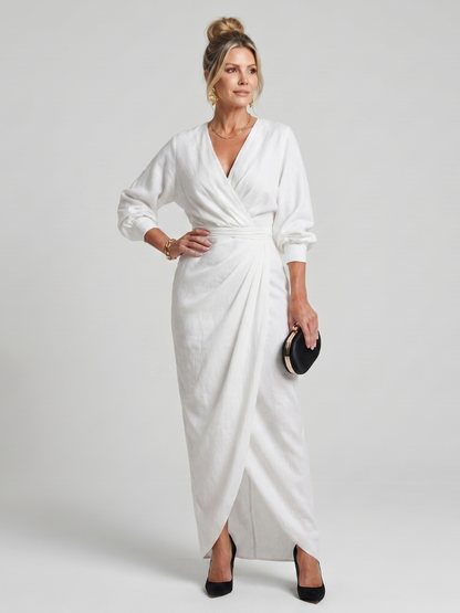 Women's Wrap Midi Dress with Draped Waist and Overlap Detailing