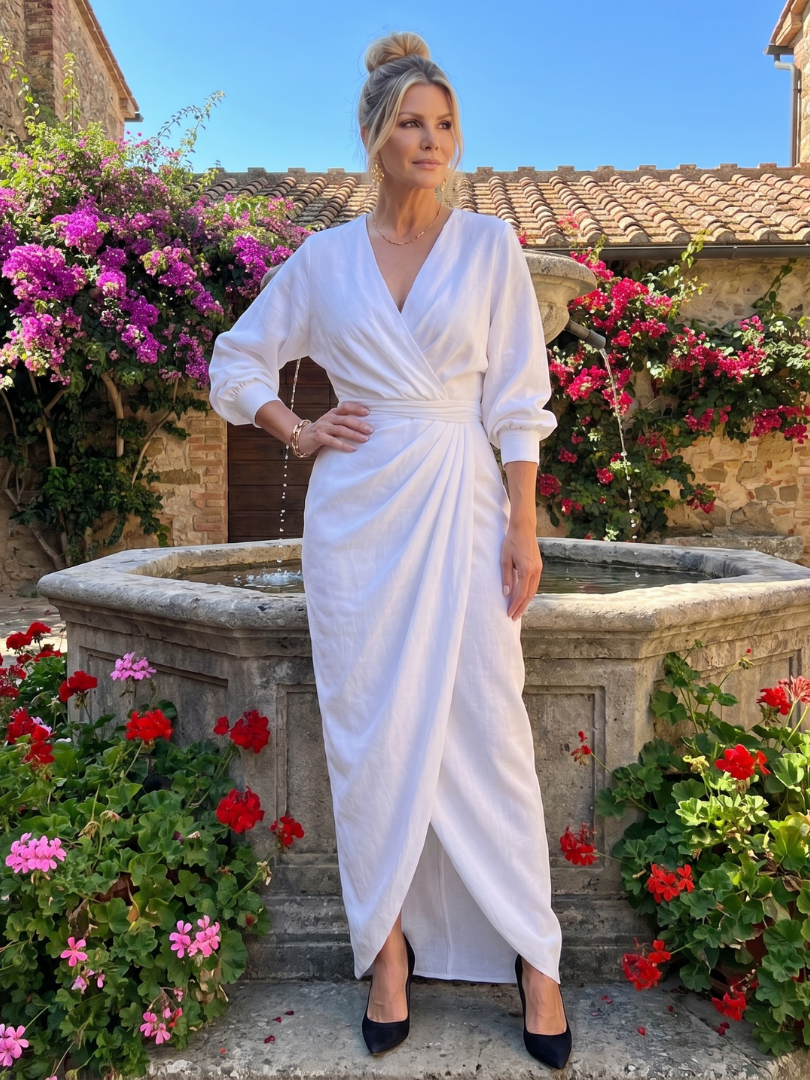 Women's Wrap Midi Dress with Draped Waist and Overlap Detailing