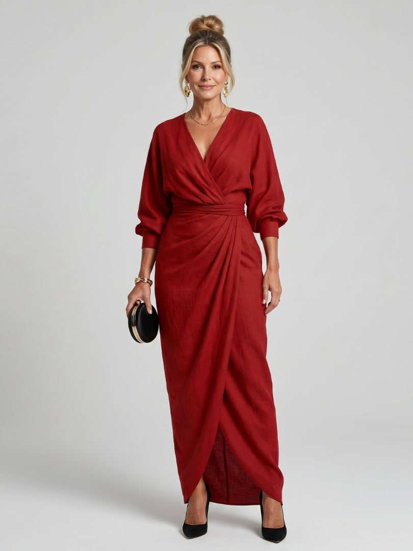 Women's Wrap Midi Dress with Draped Waist and Overlap Detailing