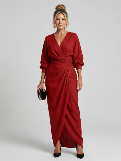 Women's Wrap Midi Dress with Draped Waist and Overlap Detailing