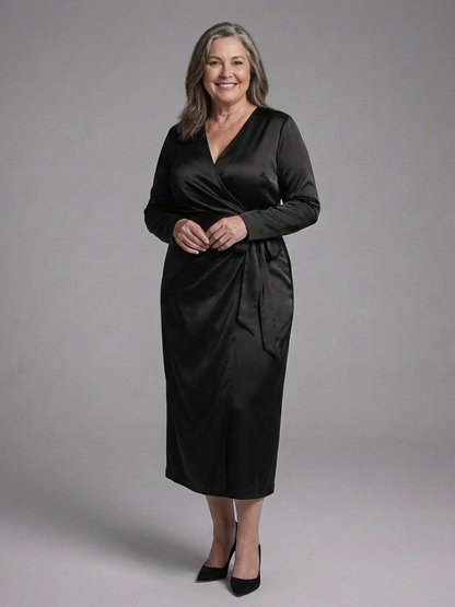 Women's Wrap Midi Dress with Long Sleeve for Dinners