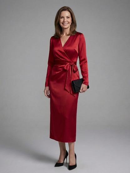 Women's Wrap Midi Dress with Long Sleeve for Dinners