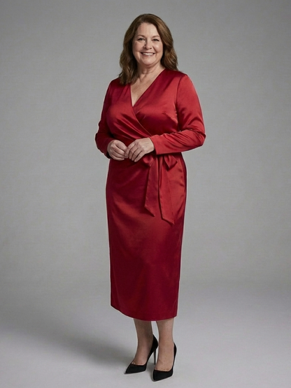 Women's Wrap Midi Dress with Long Sleeve for Dinners