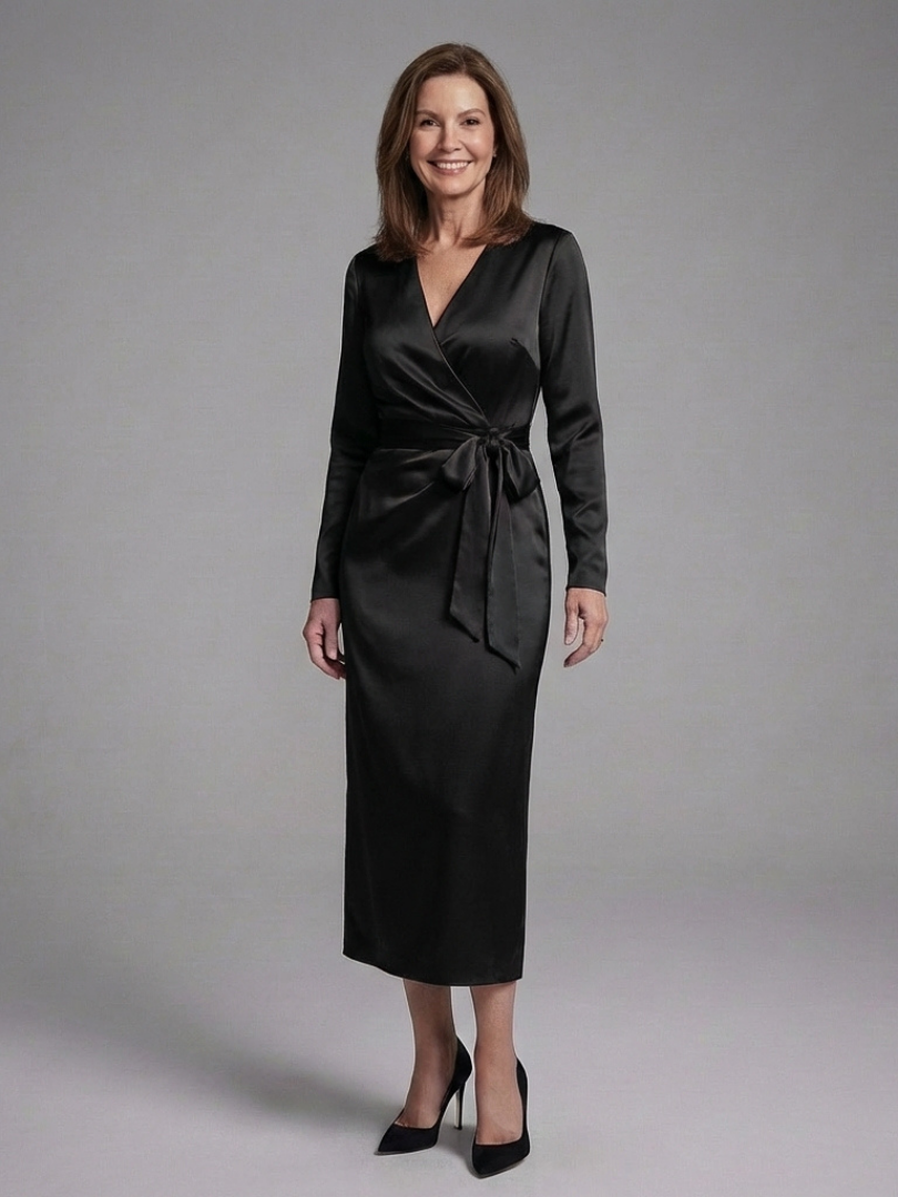 Women's Wrap Midi Dress with Long Sleeve for Dinners