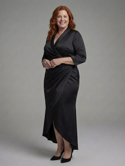 Women's Wrap Midi Dress with Long Sleeves for Formal Events