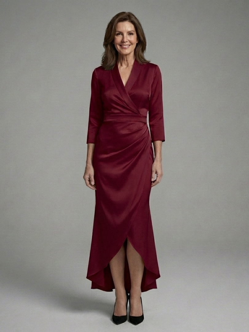 Women's Wrap Midi Dress with Long Sleeves for Formal Events