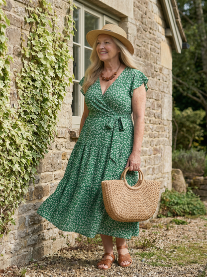 Women's Wrap Midi Dress with V-Neck for warm weather
