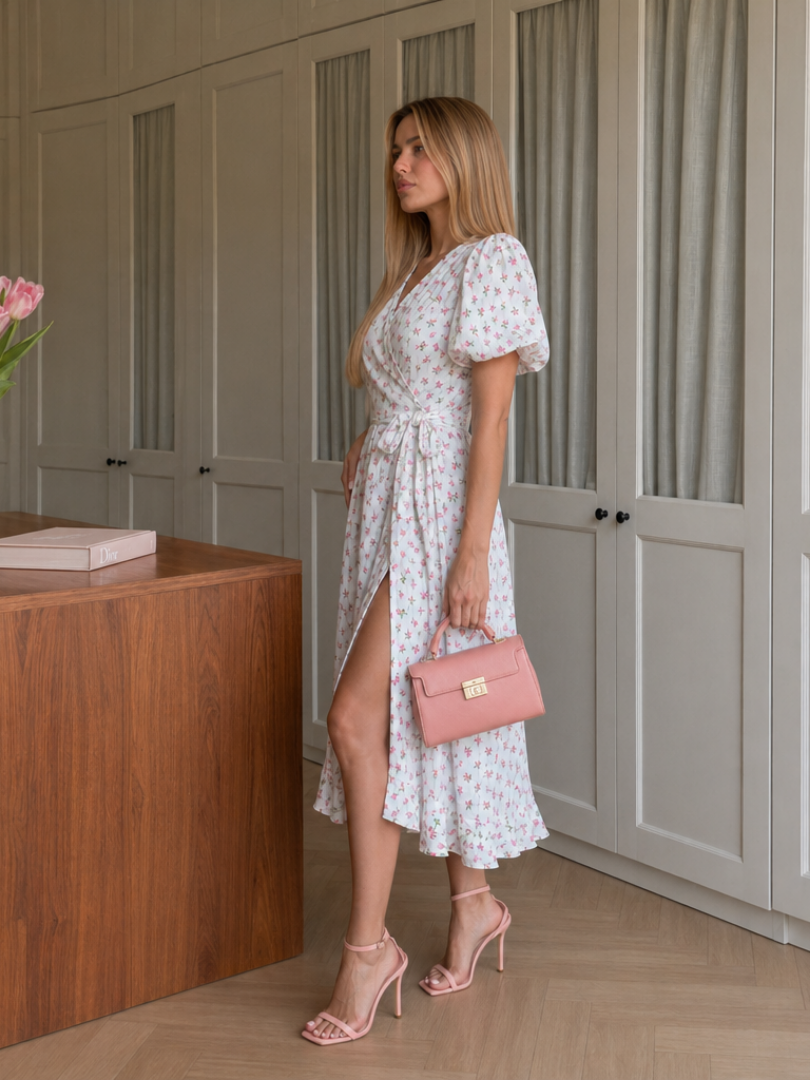 Women's Wrap Midi Dress with Waist Tie for Everyday