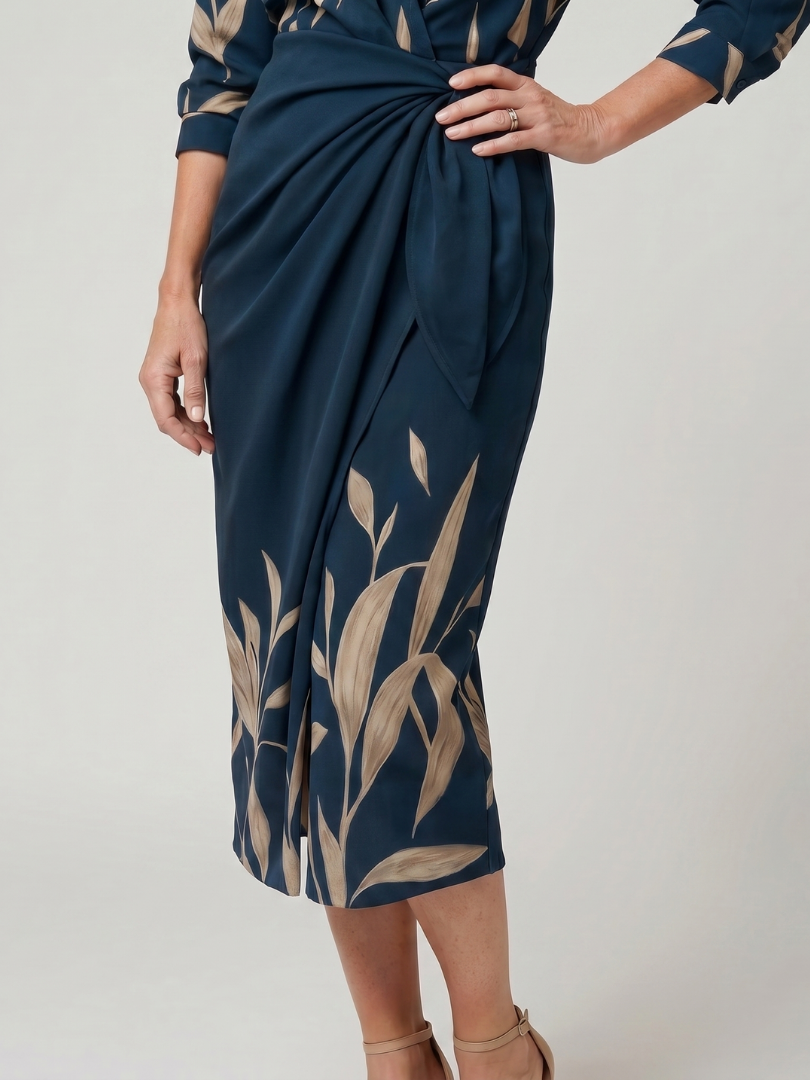 Women's Wrap Stripe Pattern Midi Dress with Tie for Work