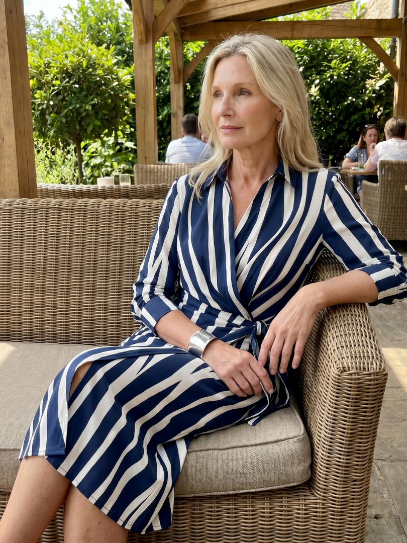 Women's Wrap Stripe Pattern Midi Dress with Tie for Work