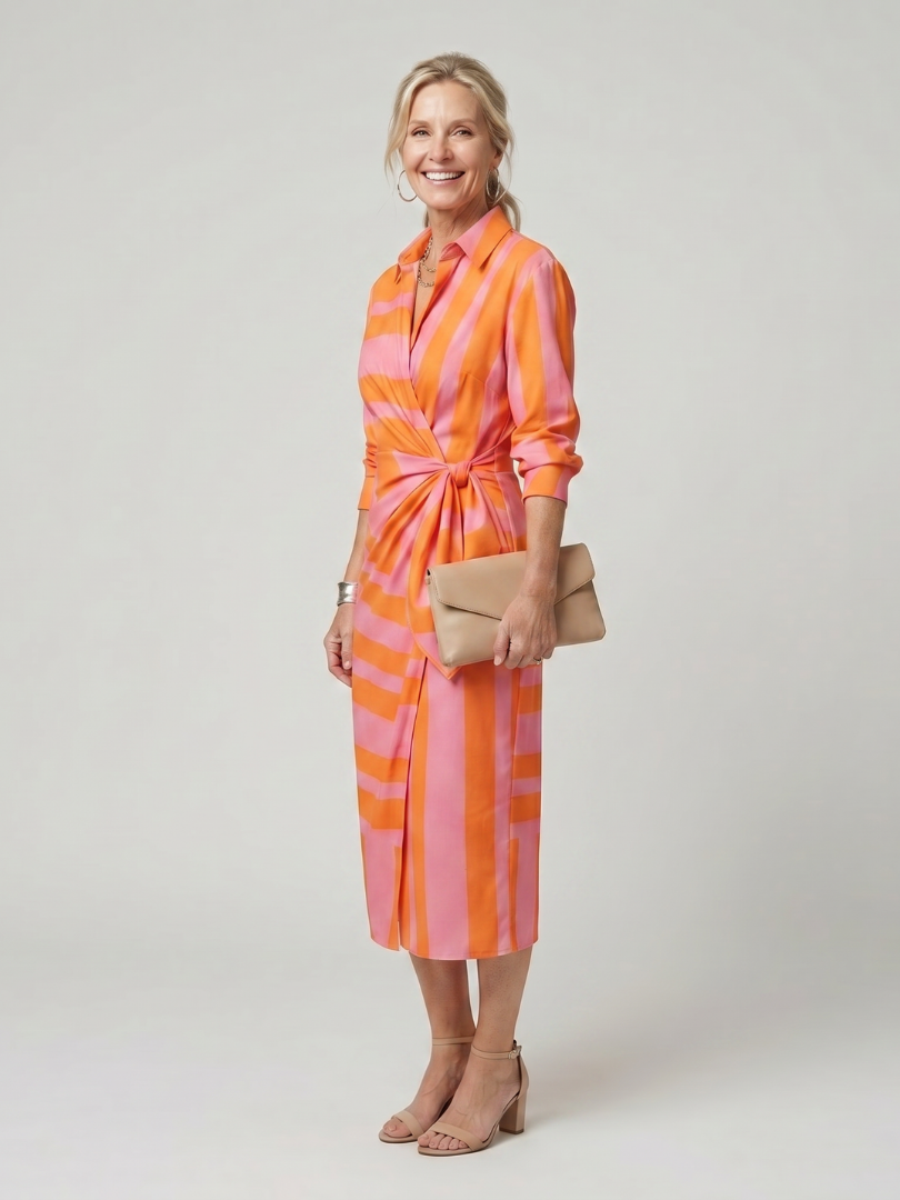 Women's Wrap Stripe Pattern Midi Dress with Tie for Work