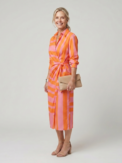 Women's Wrap Stripe Pattern Midi Dress with Tie for Work