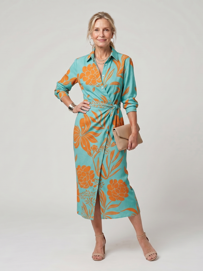 Women's Wrap Stripe Pattern Midi Dress with Tie for Work
