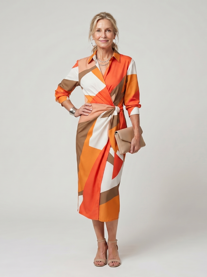 Women's Wrap Stripe Pattern Midi Dress with Tie for Work