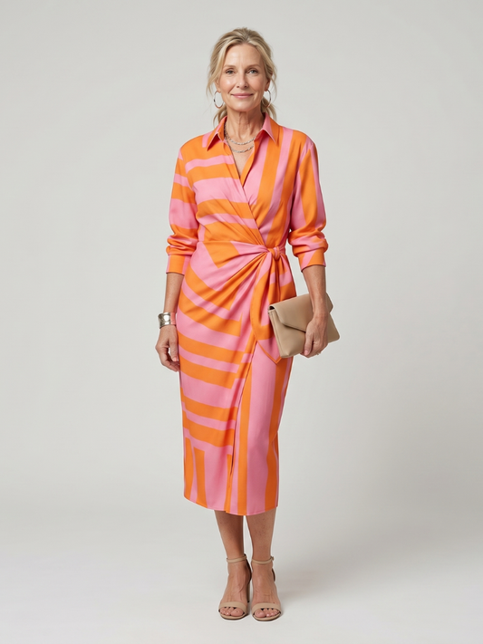 Women's Wrap Stripe Pattern Midi Dress with Tie for Work
