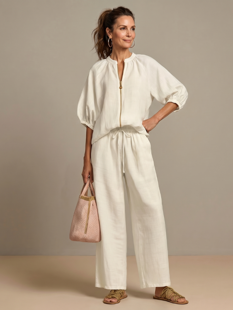 Women's Zip-Front Blouson Top &amp; Wide-Leg Set for Everyday