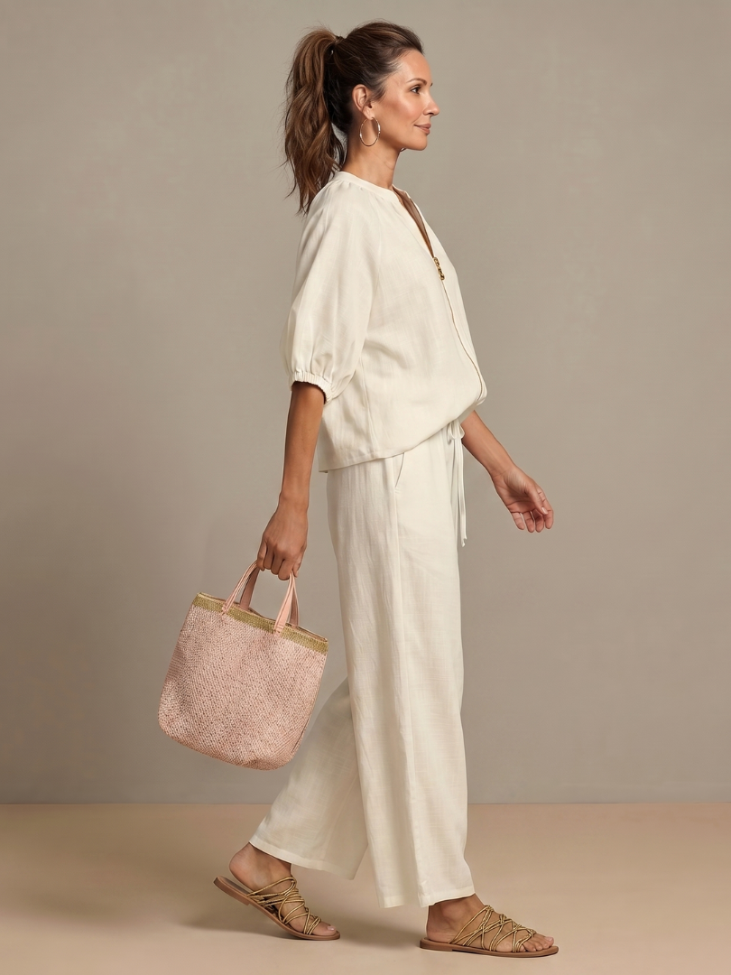 Women's Zip-Front Blouson Top &amp; Wide-Leg Set for Everyday