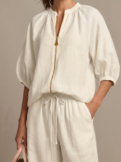 Women's Zip-Front Blouson Top &amp; Wide-Leg Set for Everyday