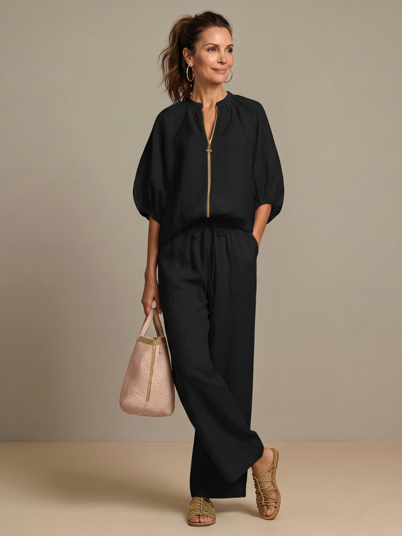 Women's Zip-Front Blouson Top &amp; Wide-Leg Set for Everyday