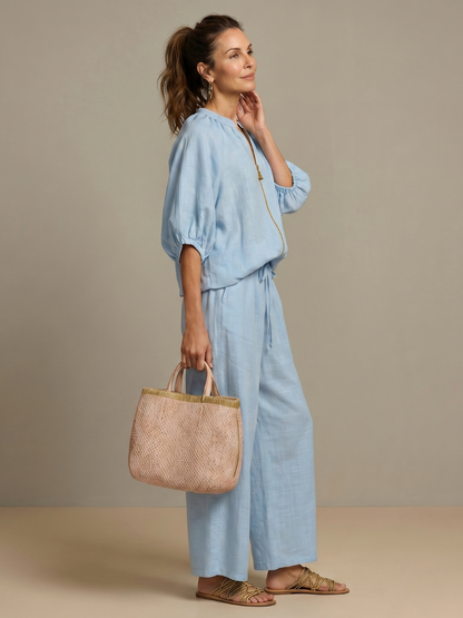 Women's Zip-Front Blouson Top &amp; Wide-Leg Set for Everyday