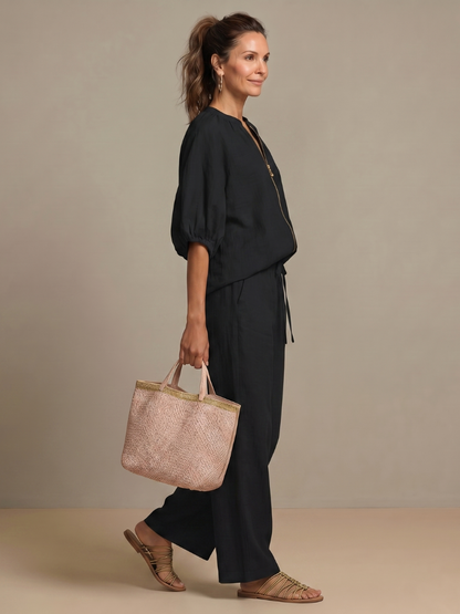 Women's Zip-Front Blouson Top &amp; Wide-Leg Set for Everyday