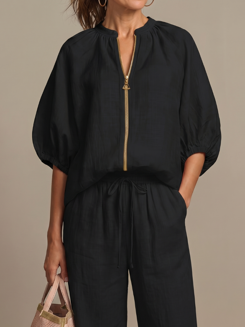 Women's Zip-Front Blouson Top &amp; Wide-Leg Set for Everyday