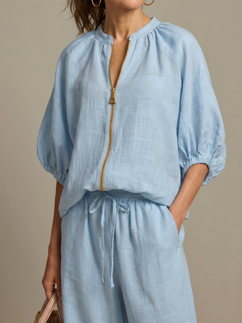 Women's Zip-Front Blouson Top &amp; Wide-Leg Set for Everyday