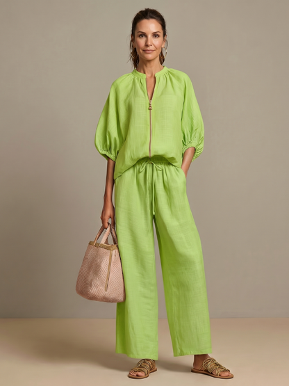 Women's Zip-Front Blouson Top &amp; Wide-Leg Set for Everyday