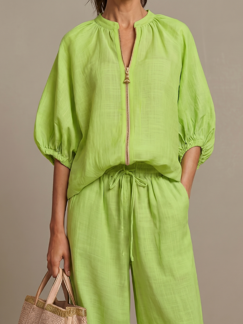 Women's Zip-Front Blouson Top &amp; Wide-Leg Set for Everyday
