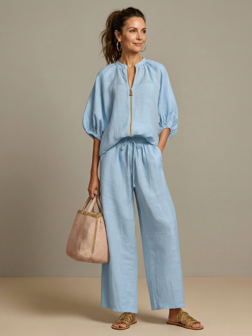 Women's Zip-Front Blouson Top &amp; Wide-Leg Set for Everyday