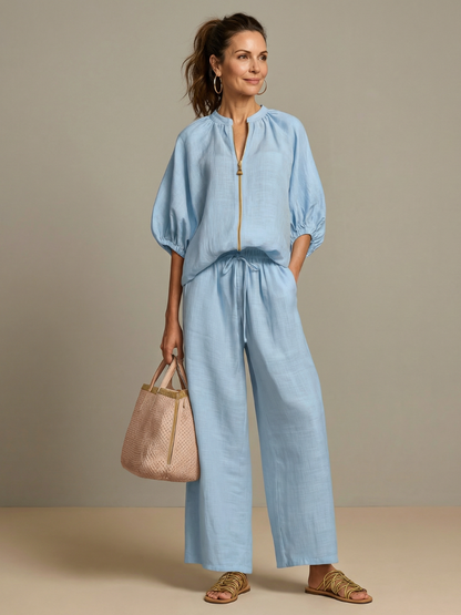 Women's Zip-Front Blouson Top &amp; Wide-Leg Set for Everyday