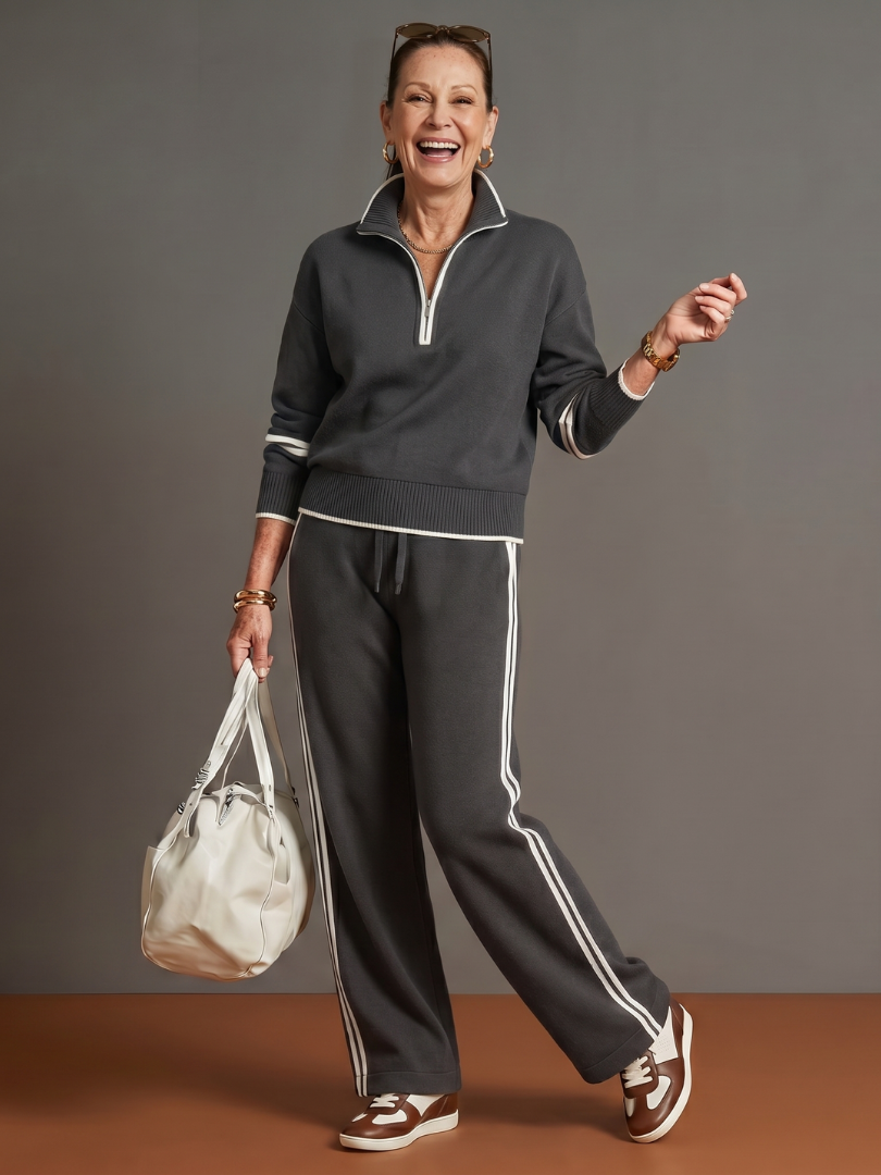 Women's Zip-Neck Top &amp; Wide-Leg Trousers Set with Side Stripe