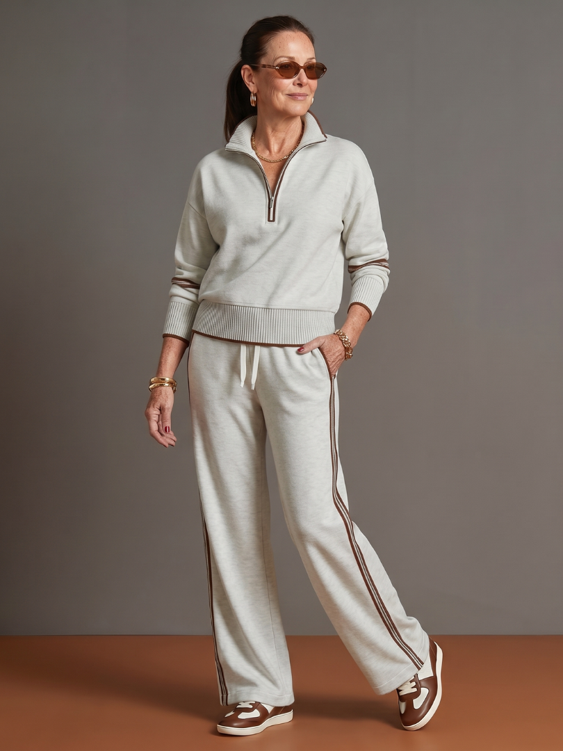 Women's Zip-Neck Top &amp; Wide-Leg Trousers Set with Side Stripe