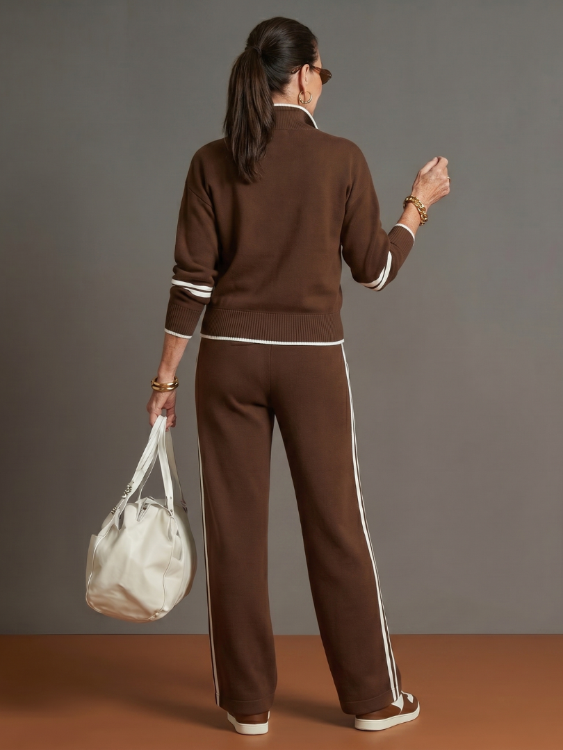 Women's Zip-Neck Top &amp; Wide-Leg Trousers Set with Side Stripe