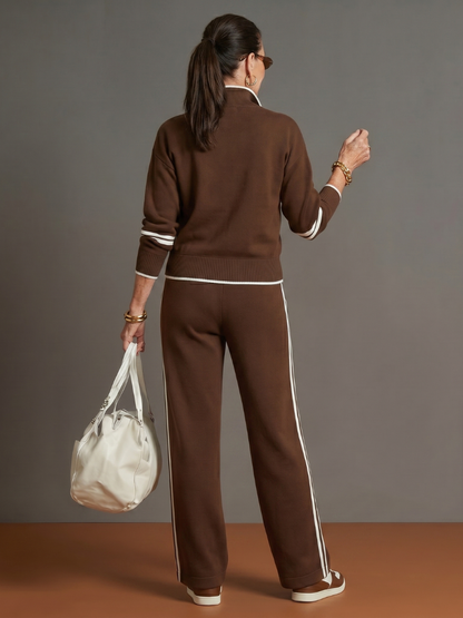 Women's Zip-Neck Top &amp; Wide-Leg Trousers Set with Side Stripe