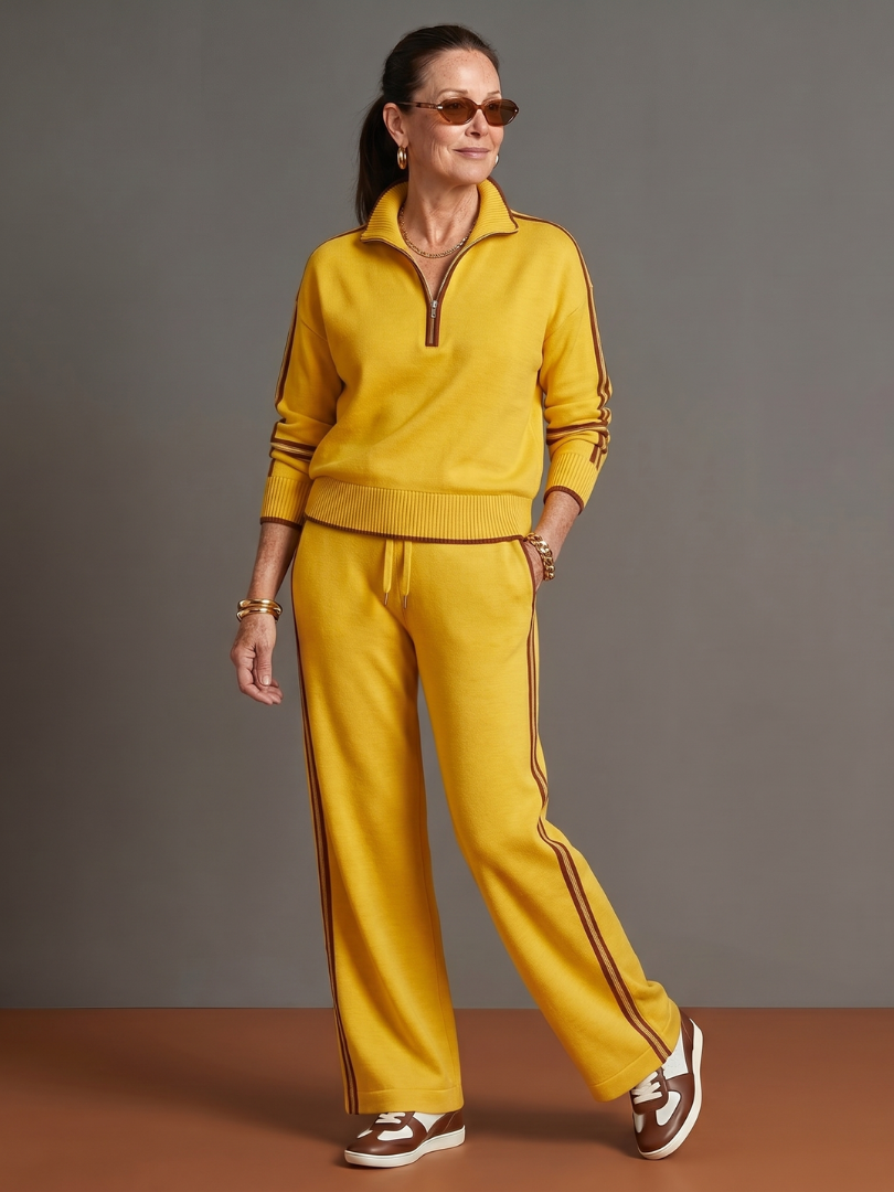 Women's Zip-Neck Top &amp; Wide-Leg Trousers Set with Side Stripe