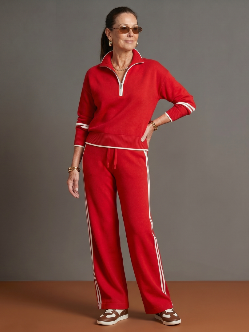 Women's Zip-Neck Top &amp; Wide-Leg Trousers Set with Side Stripe