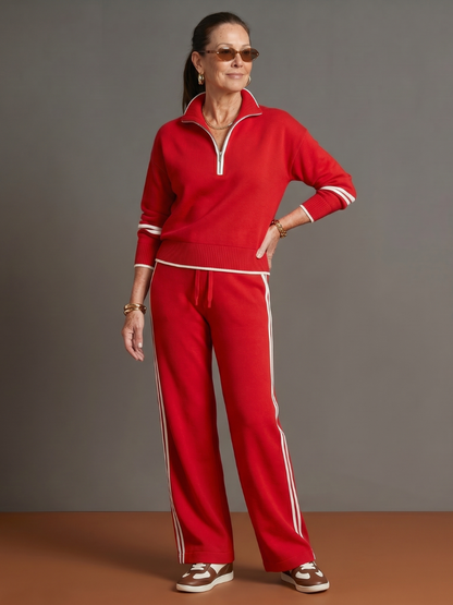 Women's Zip-Neck Top &amp; Wide-Leg Trousers Set with Side Stripe