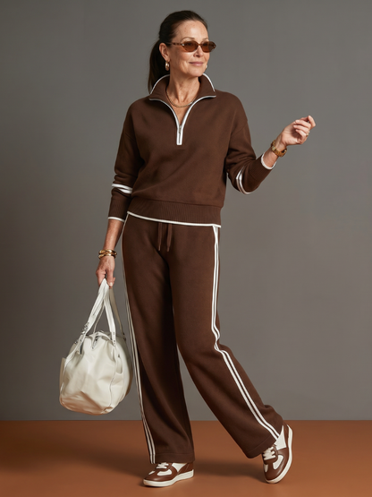 Women's Zip-Neck Top &amp; Wide-Leg Trousers Set with Side Stripe